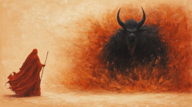 An ominous imposing horned demon towers amidst swirling orange energy confronting a lone figure cloaked in red staff in hand