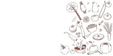 Hand drawn vegetable sketches for raw vegan menu flyers, collection, menu, simple