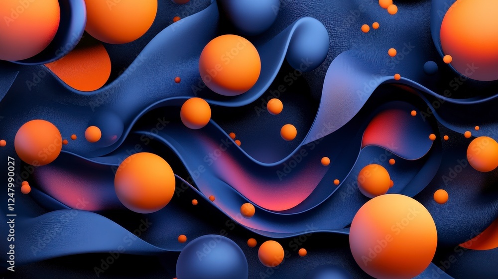 Poster abstract 3d rendering of colorful spheres and wavy forms background