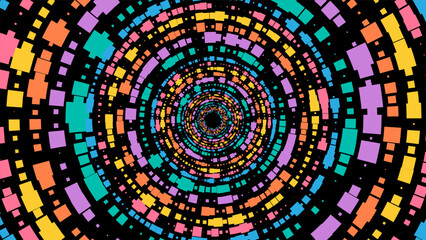 Bright multi colored tunnel of neon mosaic tiles receding into outer space. Galaxy tunnel wormhole in middle of black abyss. Abstract futuristic banner made of bright mosaic on black background