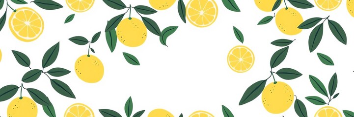 Abstract geometric lemon fruit pattern illustration with citrus icons and leaves in minimalist flat design on white background, pattern, fruit, illustration