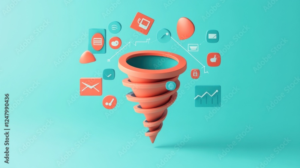 Poster 3d funnel model depicting data flow and conversion process.