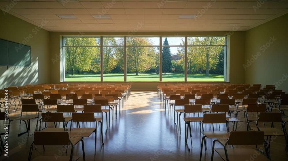 Poster empty classroom with large window overlooking park.