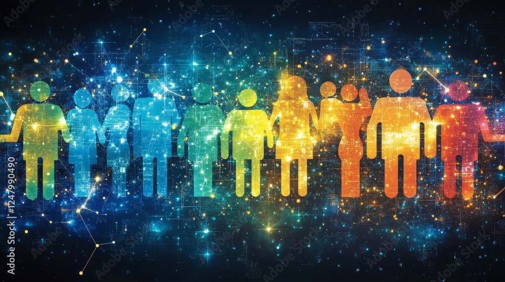 Poster global unity diverse people network connection abstract sparkling silhouette