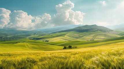 Fototapeta premium A large field of green grass with a few trees in the background