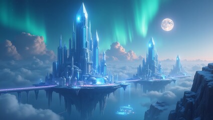 A floating crystal city suspended above an endless ocean, with glowing bridges connecting shimmering towers, under a sky filled with twin moons and auroras.