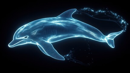 Glowing blue dolphin swimming, digital art.
