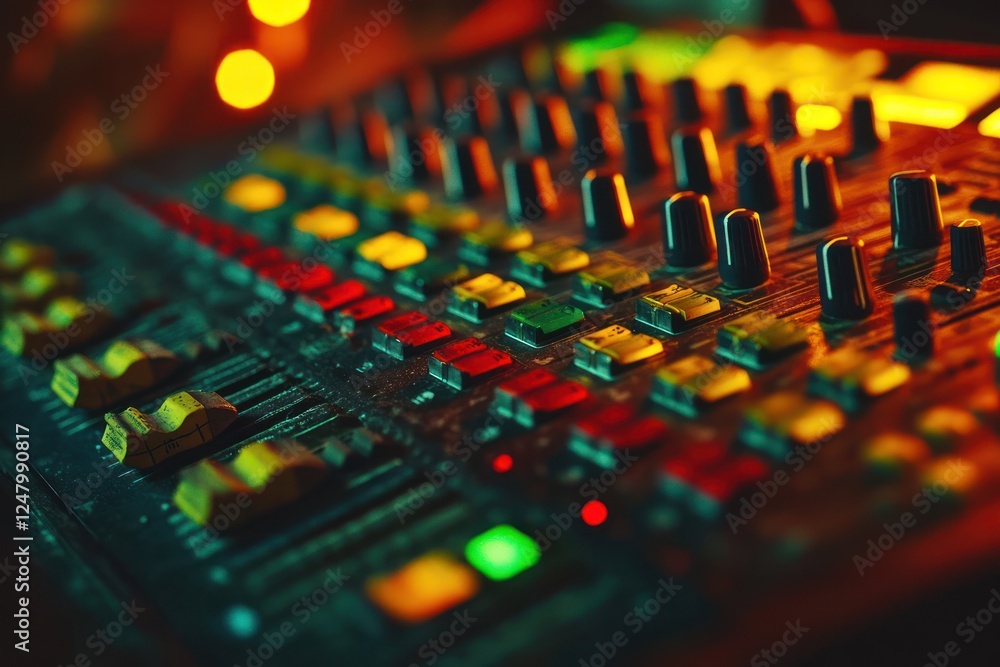 Poster close-up of a sound mixing console with colorful lights.