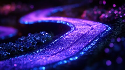 Glowing purple and blue path winding through a dark, fantastical landscape with sparkling crystals and blurry bokeh lights.