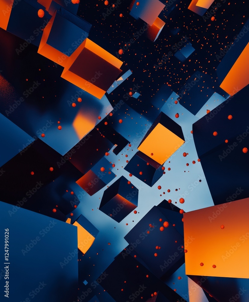Poster abstract 3d view of floating cubes with blue and orange colors