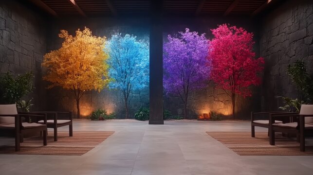 Four colorful trees are center stage in a calm inviting indoor space with chairs rugs and dark stone walls evoking peace and serenity
