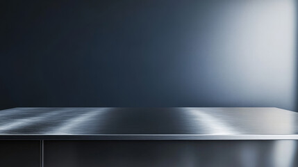 3d metal kitchen desk surface. Steel limbo counter top background. Clear stainless modern countertop vector render mockup. Dark luxury realistic interior space bg for appliance or food advertising