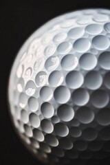 Close-up of a white golf ball, dimples visible, dark background.