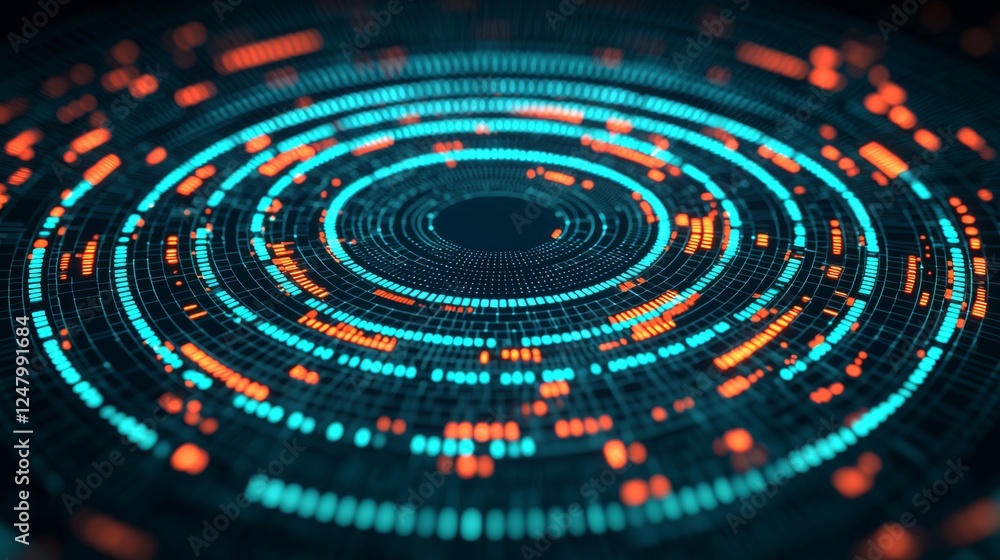 Poster a vibrant, circular pattern of glowing blue and orange dots, representing data visualization and tec