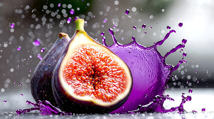 A purple splash of water surrounds a slice of fig. generated using AI