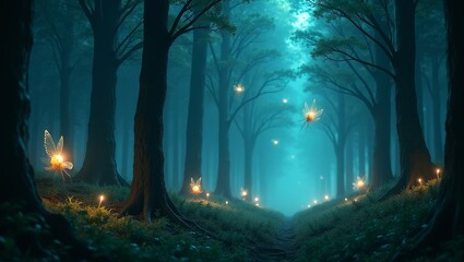 A futuristic forest where trees are made of light, their roots glowing with bioluminescent energy, and strange creatures with translucent wings flutter through the air.
