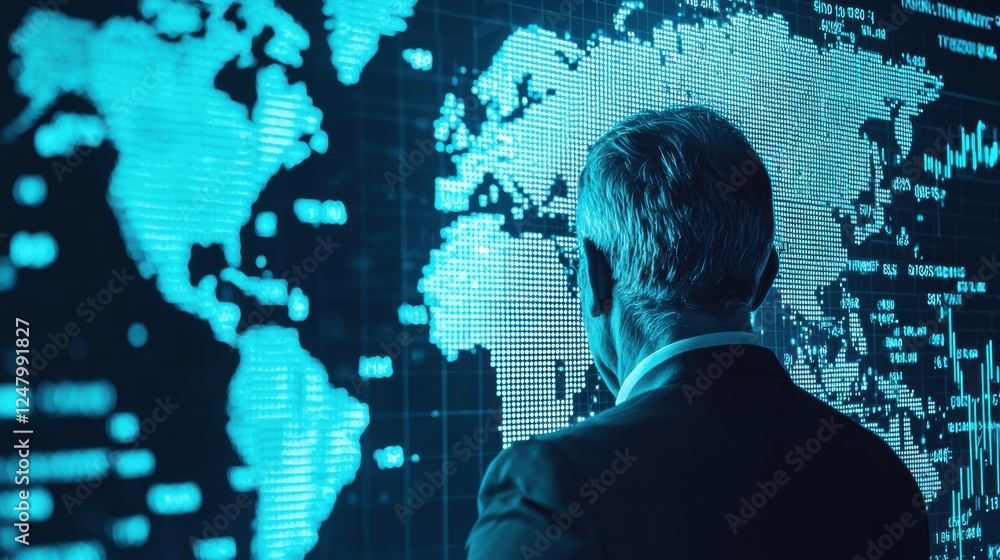 Poster businessman analyzing financial data on digital world map display with graphs and trends in blue ton