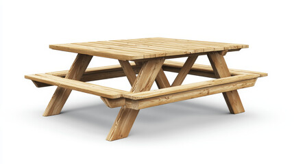 Wooden picnic table with long benches front and side view. Wood furniture for outdoor bbq dining, equipment for park recreation, mockup garden desk isolated on white background. 3D Illustration