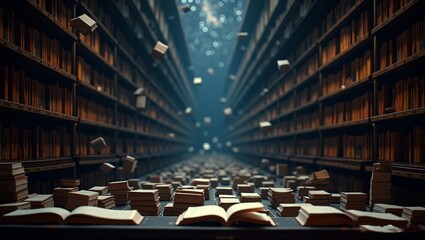 A surreal library where books float in mid-air, their pages turning on their own, and the shelves stretch infinitely into a starry void.