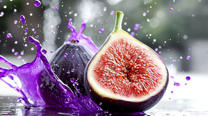 A purple splash of water surrounds a slice of a purple fig. generated using AI