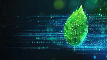 Digital Green Leaf with Binary Code and Technology Background