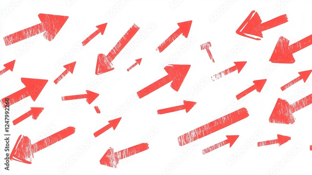 Poster red arrows diverging on a white canvas, indicating various directions, transparent background for ve