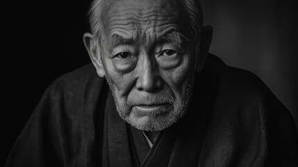 Fototapeta premium A striking black-and-white portrait of an elderly Japanese man wearing a traditional montsuki haori, his weathered face full of wisdom, deep contrast enhancing the details