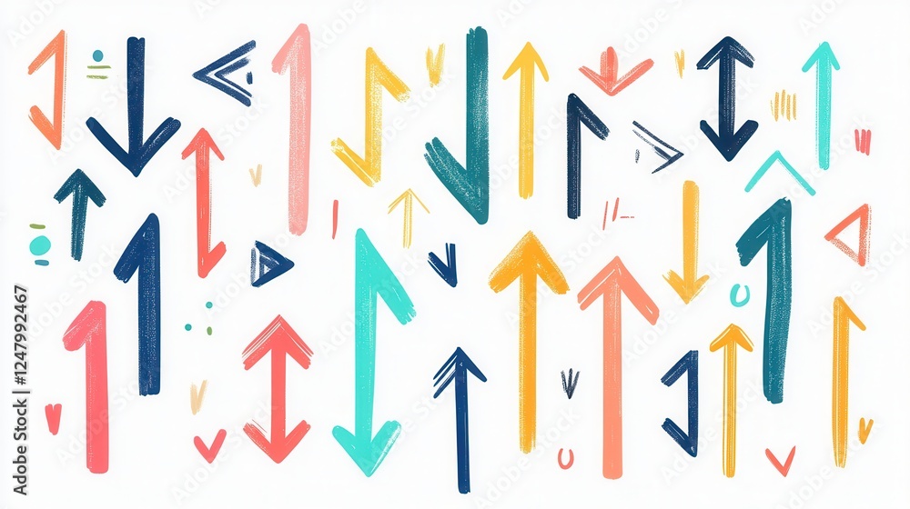 Poster colorful thin arrows in various directions on white background, dynamic design element, versatile fo