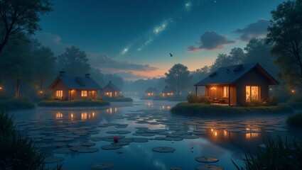 Fototapeta premium A cozy suburban neighborhood at dusk, but the houses are built on giant, floating lily pads above a glowing, misty lake. Fireflies the size of birds hover around, and the sky is filled 