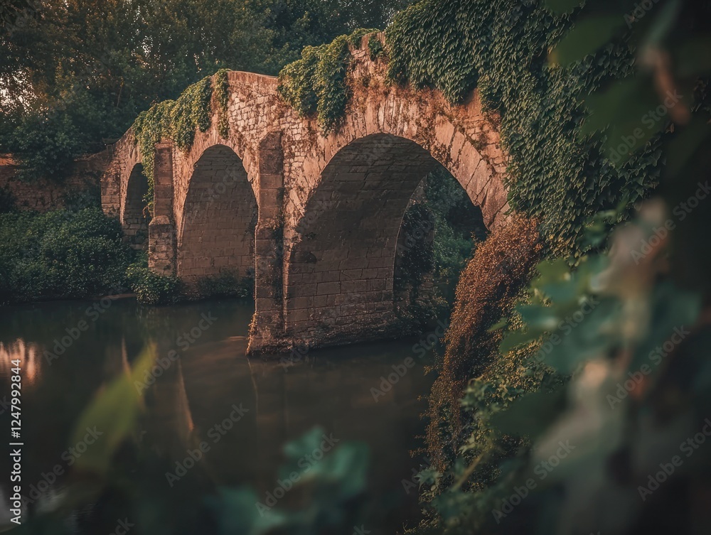 Canvas Prints Overgrown stone arch bridge spanning tranquil river.