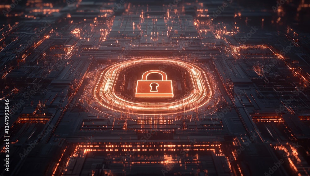 Aufkleber glowing padlock icon on a circuit board, representing digital security and data protection.