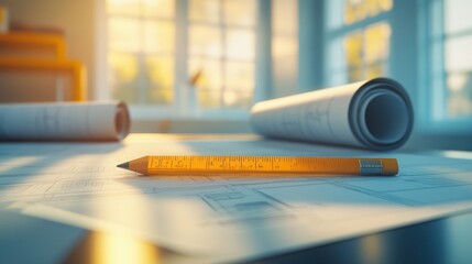 Yellow pencil rests on architectural blueprints near window with sunlight.