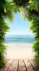 Fototapeta premium Tropical beach view framed by lush green palm leaves