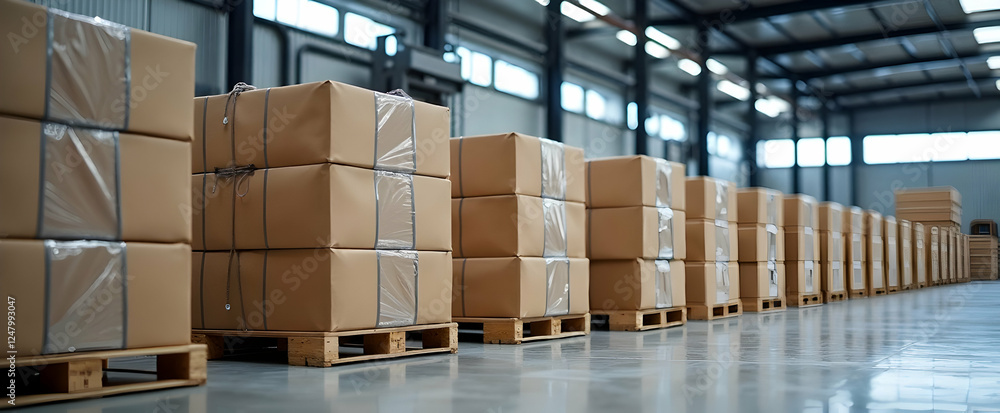 Poster array of palletized boxes in an industrial warehouse awaiting distribution and logistics operations