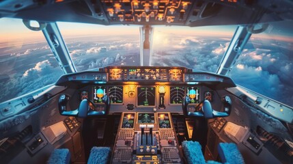 Airplane cockpit cabin Interior control panel monitor when flying. AI generated