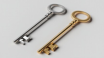 Stylized silver and gold gradient keys, elegant design, transparent background, digital art, perfect for creative projects