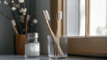 Two Bamboo Toothbrushes in Glass Cup on Windowsill