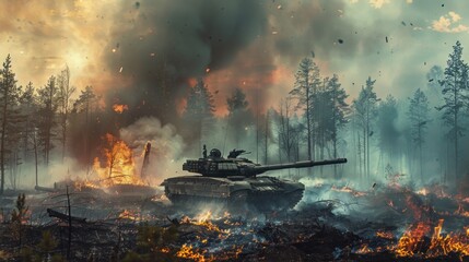 Dramatic tank passing through burning forests of a battle field in a war. AI generated