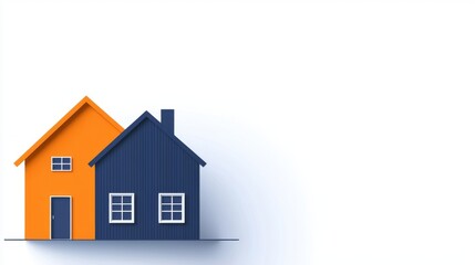 A minimalist illustration of two houses, one orange and one blue, symbolizing home and real estate concepts.