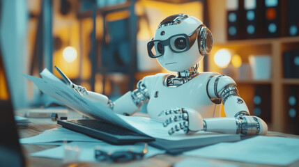 Online tax isometric landing page. Ai robot front of computer desktop with calendar and clock. Smart technology for banking accounting, application for internet taxation, 3d vector line art web banner