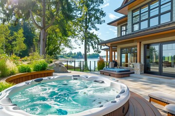 Exterior of waterfront house with jacuzzi or hot tub at the back yard.