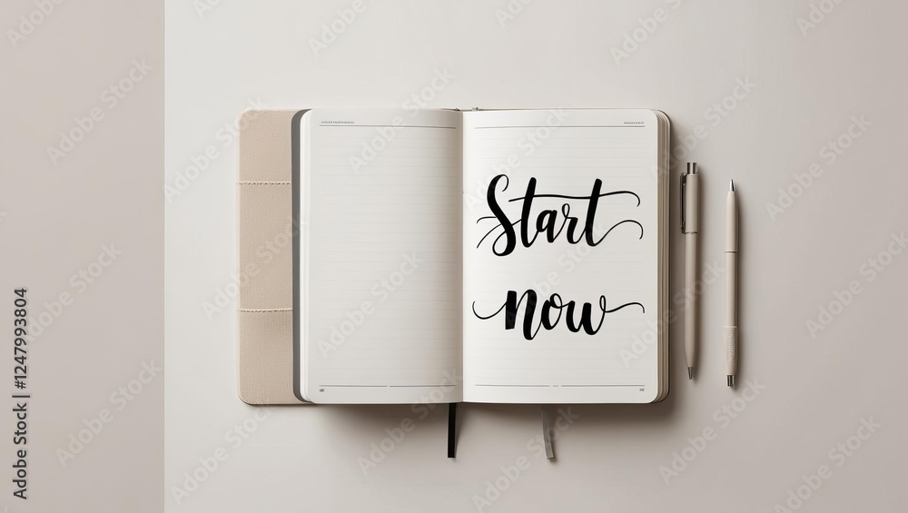Poster a minimalist notebook open to a page with the phrase 
