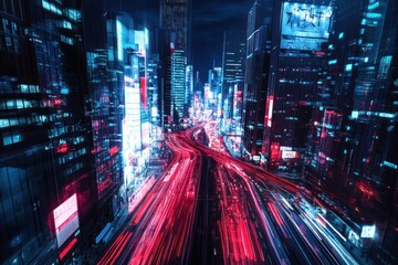 Obraz premium Futuristic city at night, vibrant light trails on roads between skyscrapers.