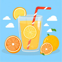 Refreshing orange juice with lemon slice and straw on blue background