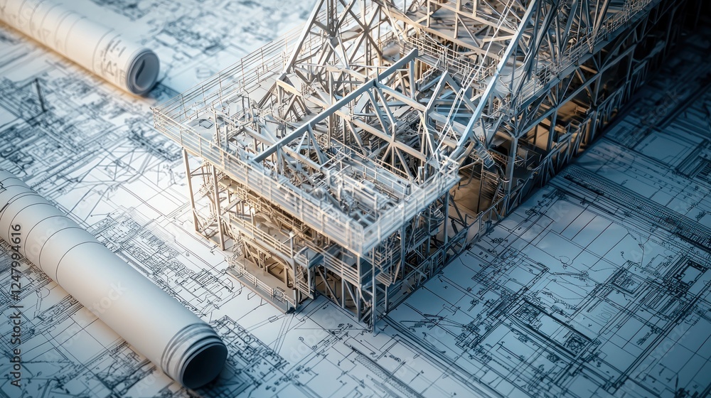 Poster blueprint with 3d model of industrial structure.