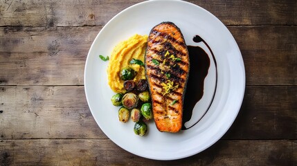Grilled salmon fillet with roasted Brussels sprouts and sweet potato pur&eacute;e, drizzled with balsamic glaze.