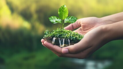 Fototapeta premium Hands Holding Small Green Plant on Soil with Water Flowing, Symbolizing Environmental Protection and Growth
