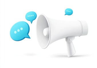 White megaphone with blue speech bubbles, digital announcement concept.