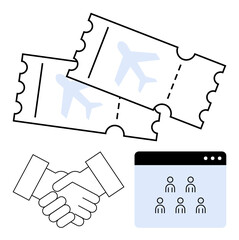 Airplane tickets, handshake, and group interface emphasize travel, agreements, and teamwork. Ideal for business, networking, travel, online meetings logistics partnerships abstract line flat