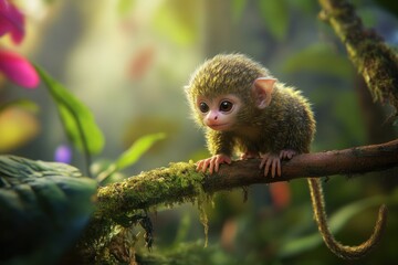Adorable baby marmoset monkey sitting on a mossy branch in a lush rainforest, sunlight filtering through leaves.